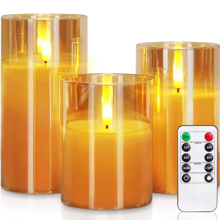 LED Kerzen 3er Set im Glas in Amber Gold mit Fernbedienung und realistischer Flammenoptik