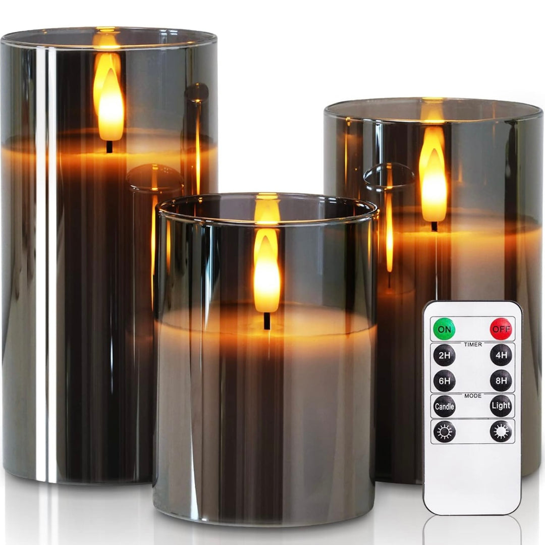 Flammenlose LED Kerzen im Glas Rauchgrau 3er Set mit Timer und Fernbedienung