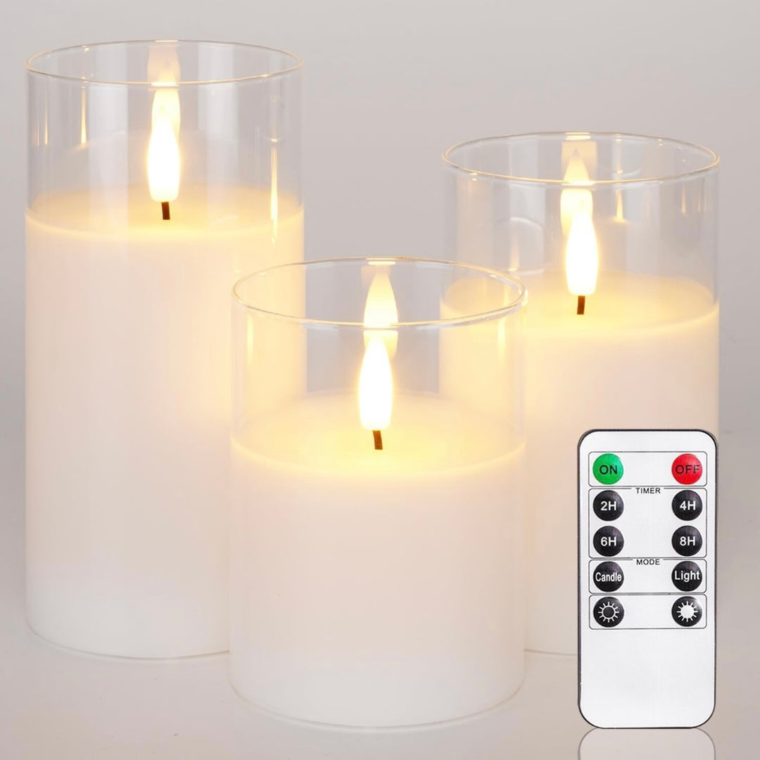 LED Kerzen 3er Set im Glas Weiß mit warmem Flackerlicht und Fernbedienung