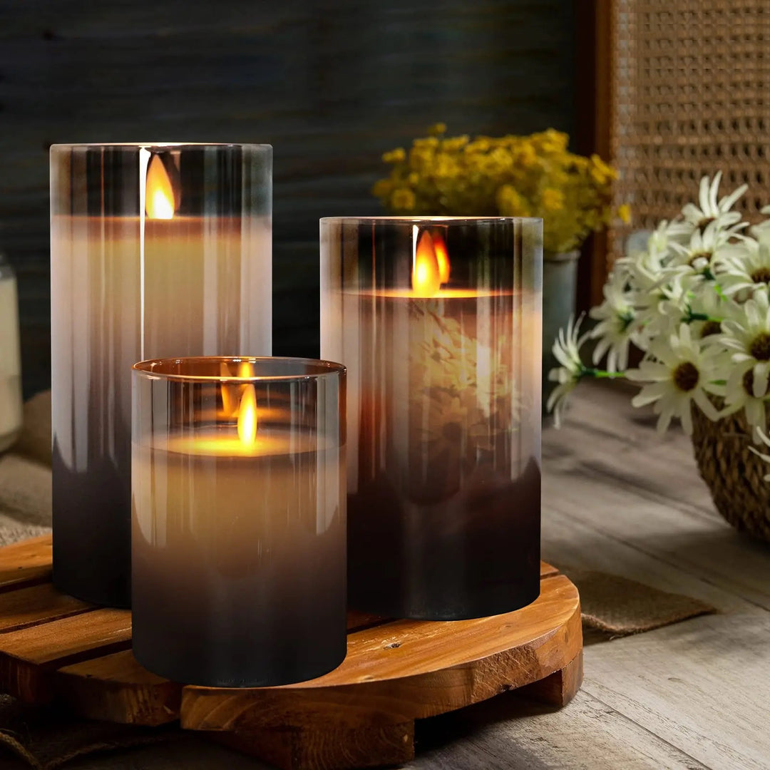 Flammenlose LED Kerzen im Glas Rauchgrau als dekoratives 3er Set