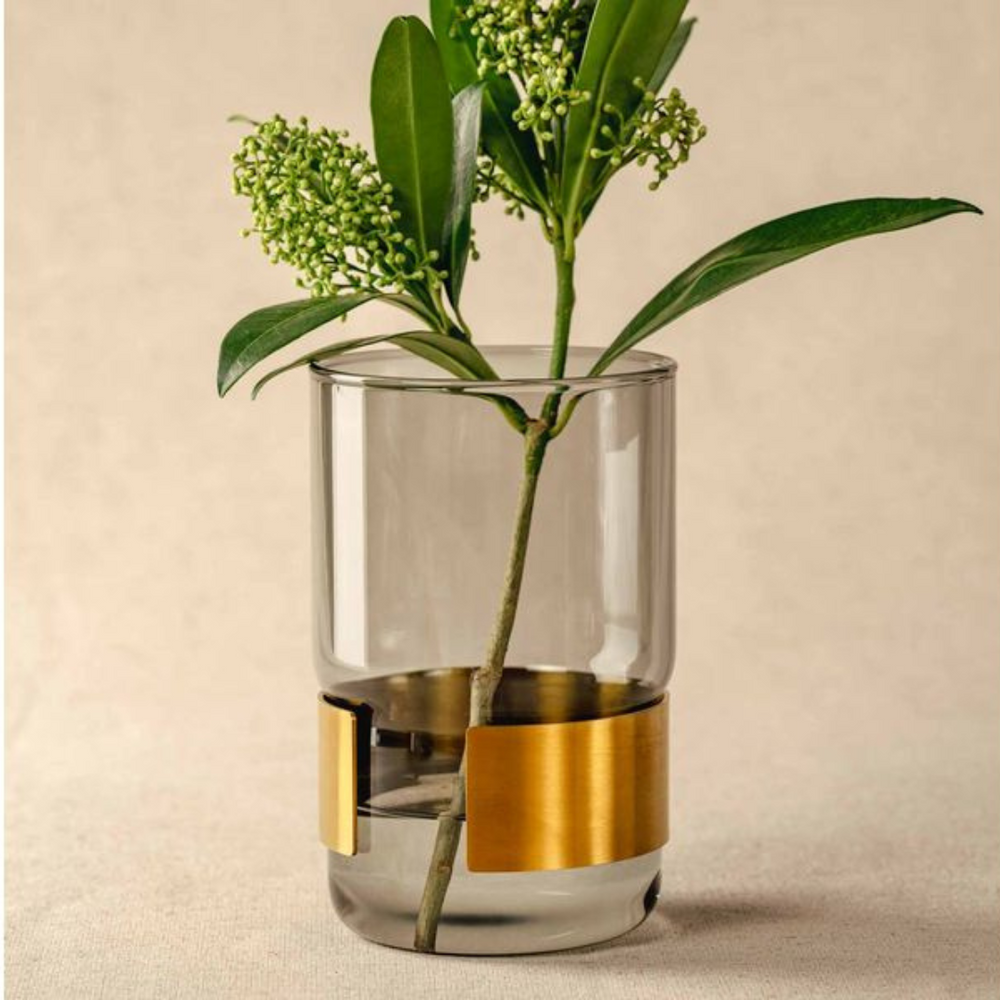 Vase Leonardo Silenzio, verre gris, avec une branche sur fond beige