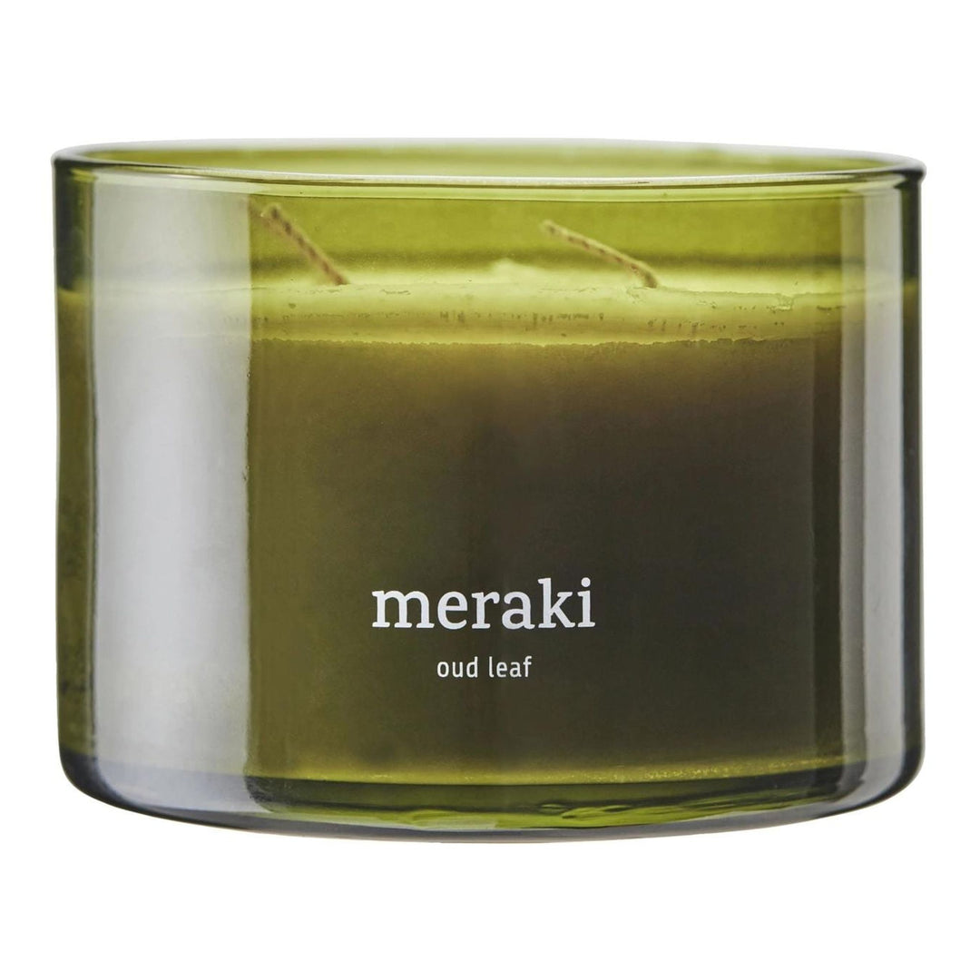 Meraki Duftkerze Oud Leaf im Grünglas, Ansicht von vorne