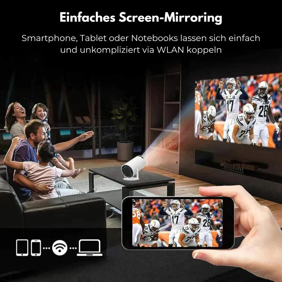 Mini Beamer LED im Wohnzimmer, Smartphone-Bild an die Wand gespiegelt