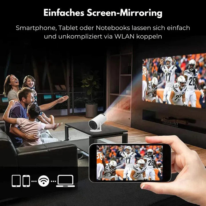 Mini Beamer LED im Wohnzimmer, Smartphone-Bild an die Wand gespiegelt