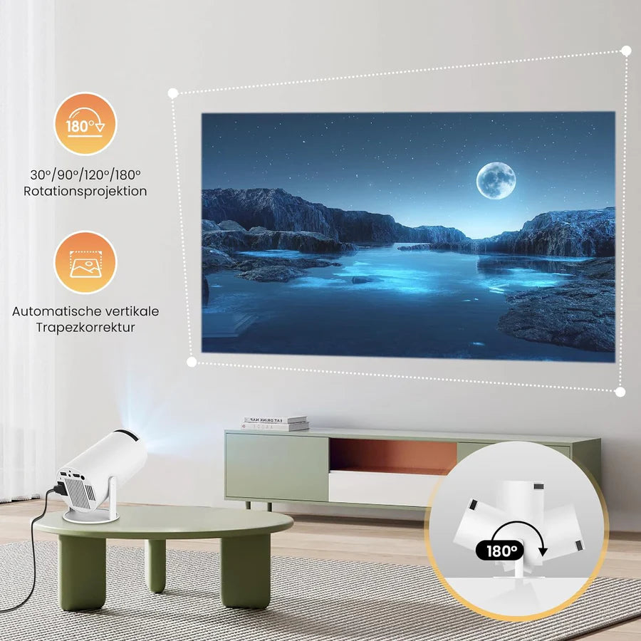 Mini Beamer LED projiziert eine Berglandschaft im Wohnzimmer, Detail des Drehgelenks