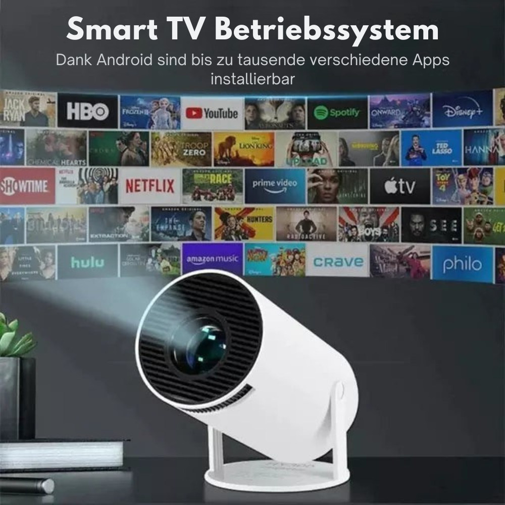 Mini Beamer LED vor einer Übersicht von Streaming-Apps