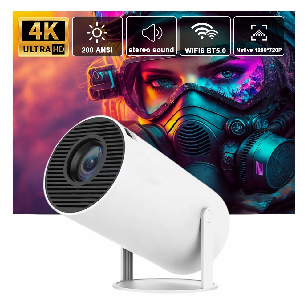 Mini Beamer LED vor farbigem Projektionsbild mit Funktionssymbolen