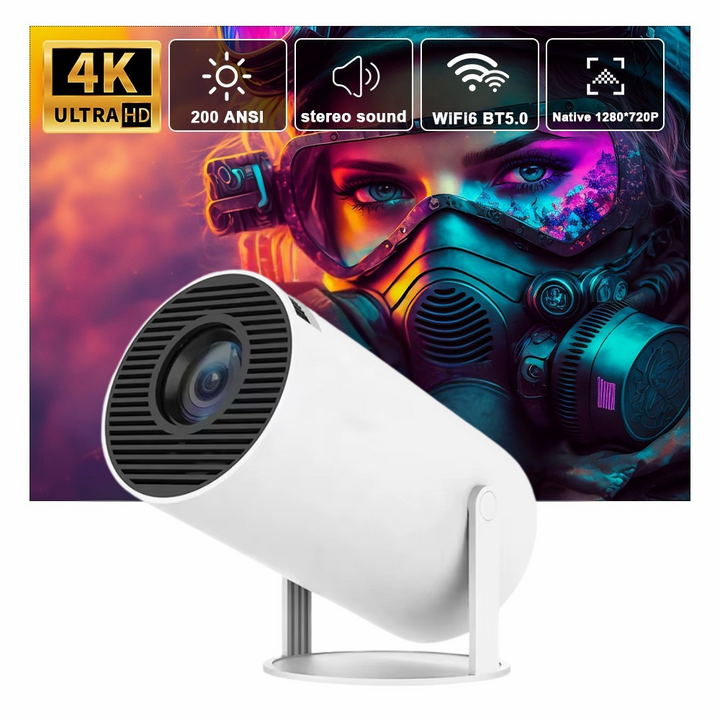 Mini Beamer LED vor farbigem Projektionsbild mit Funktionssymbolen