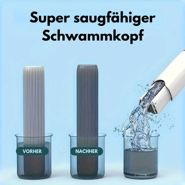 Mini Wischmopp mit super saugfähigem Schwammkopf nimmt Wasser und Schmutz schnell auf vorher nachher Vergleich