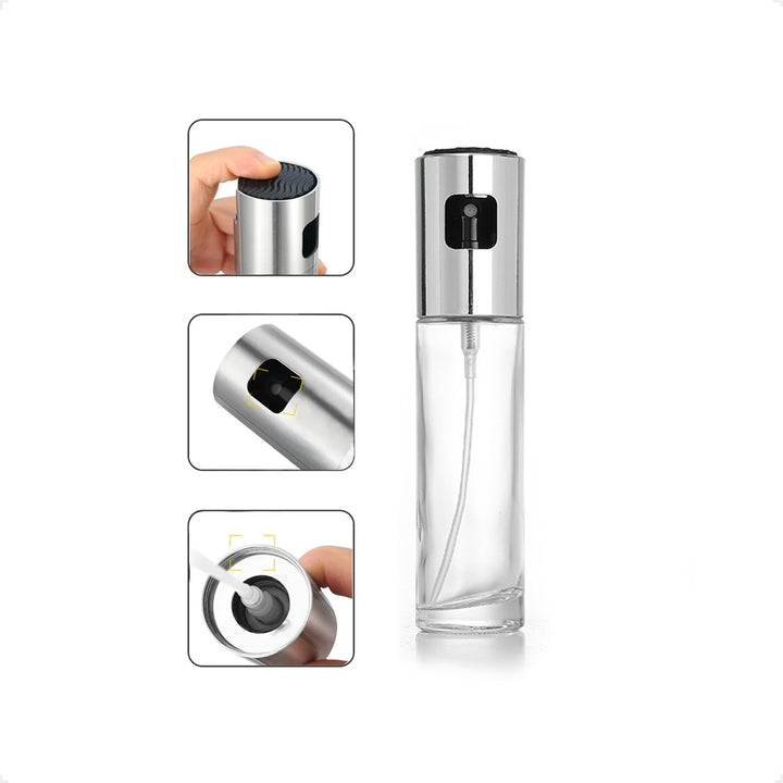 Ölsprüher aus BPA-freiem Glas – praktische Detailansicht von Sprühkopf und Dosiersystem