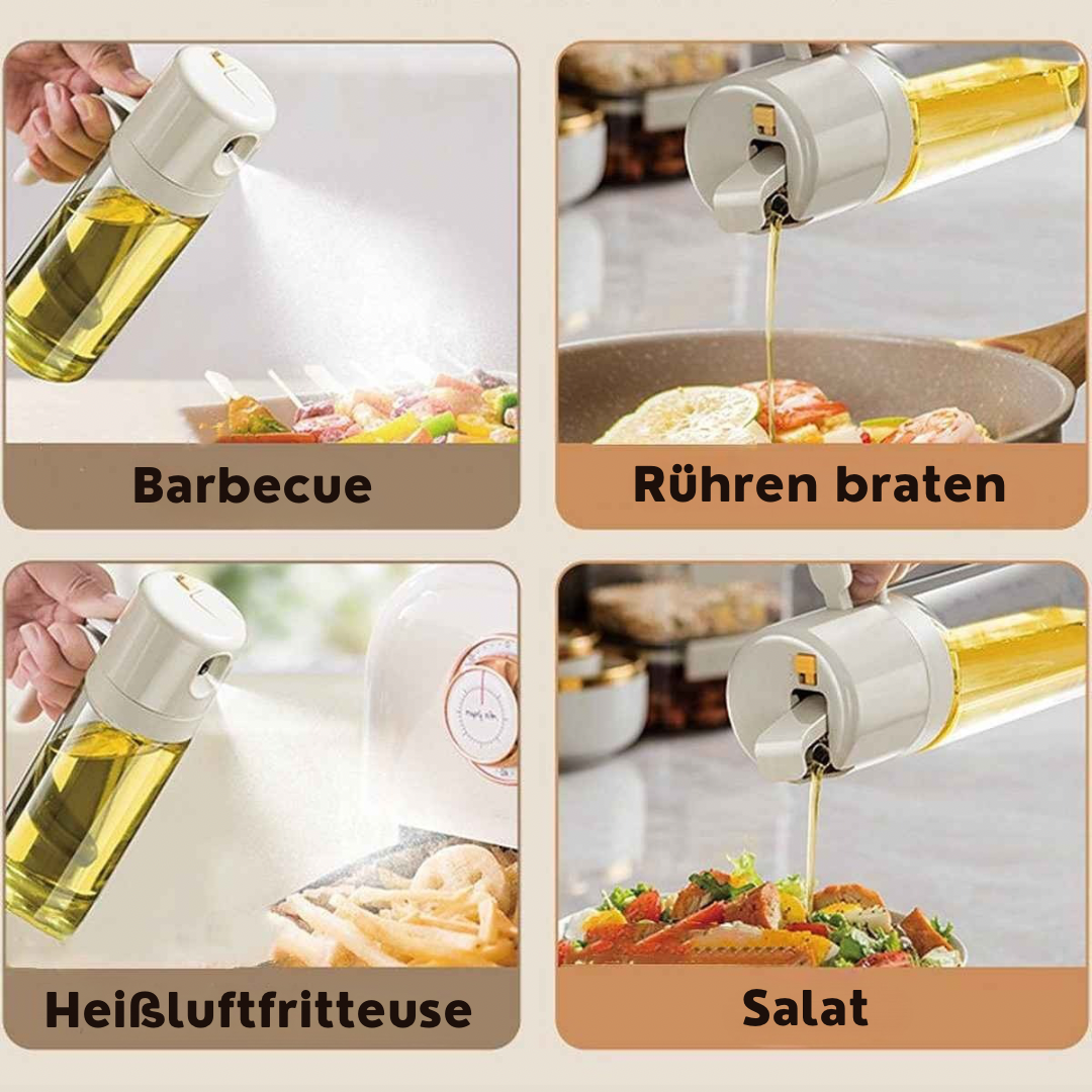 Oelsprueher Anwendung fuer Barbecue Braten Heissluftfritteuse und Salat