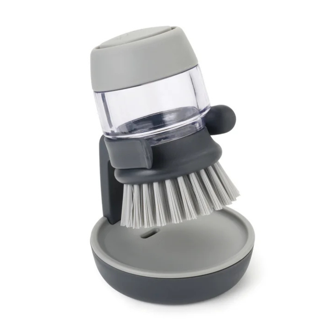 Brosse à vaisselle PanScrub avec distributeur de produit vaisselle, gris, avec support et égouttoir