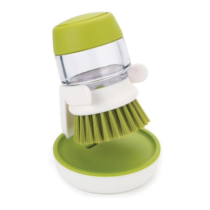 Brosse à vaisselle PanScrub avec distributeur de produit vaisselle, vert, avec support et égouttoir