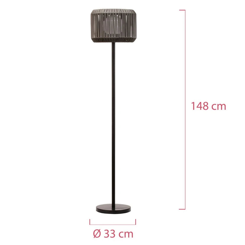 Massskizze der Solar-Stehleuchte: 148 cm hoch, Schirm 33 cm Durchmesser