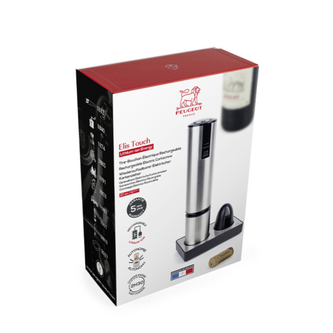 Produktverpackung des Peugeot Elis Touch Korkenziehers mit Ladebasis