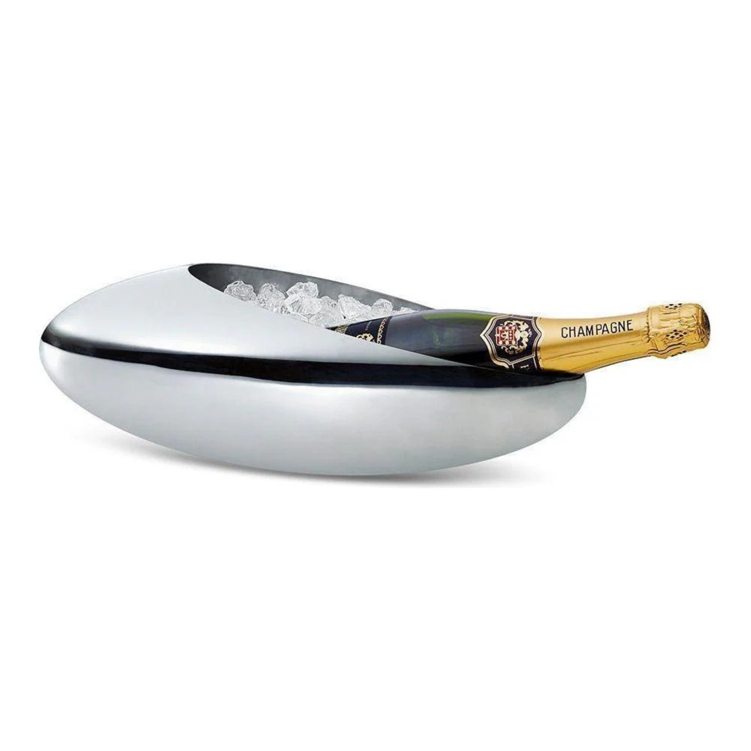Philippi Cocoon Champagnerkühler aus Edelstahl mit Flasche und Eis in geneigter Form