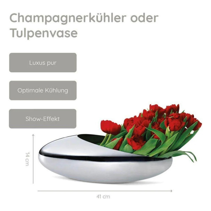 Philippi Cocoon Champagnerkühler aus Edelstahl auch als Vase mit Blumen und Massangaben