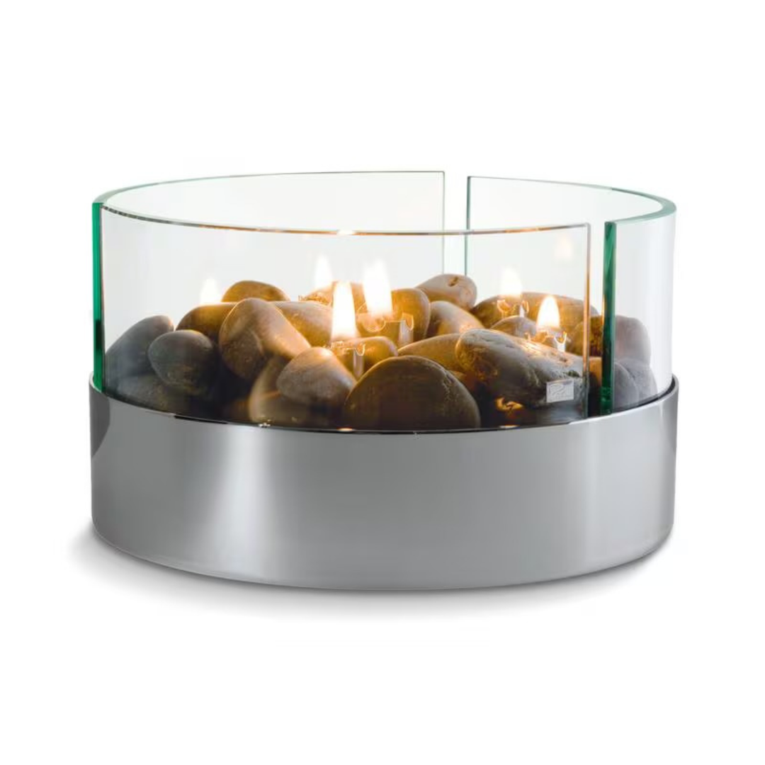 Feu de table Philippi Burn Ø 20 cm, verre et inox avec galets