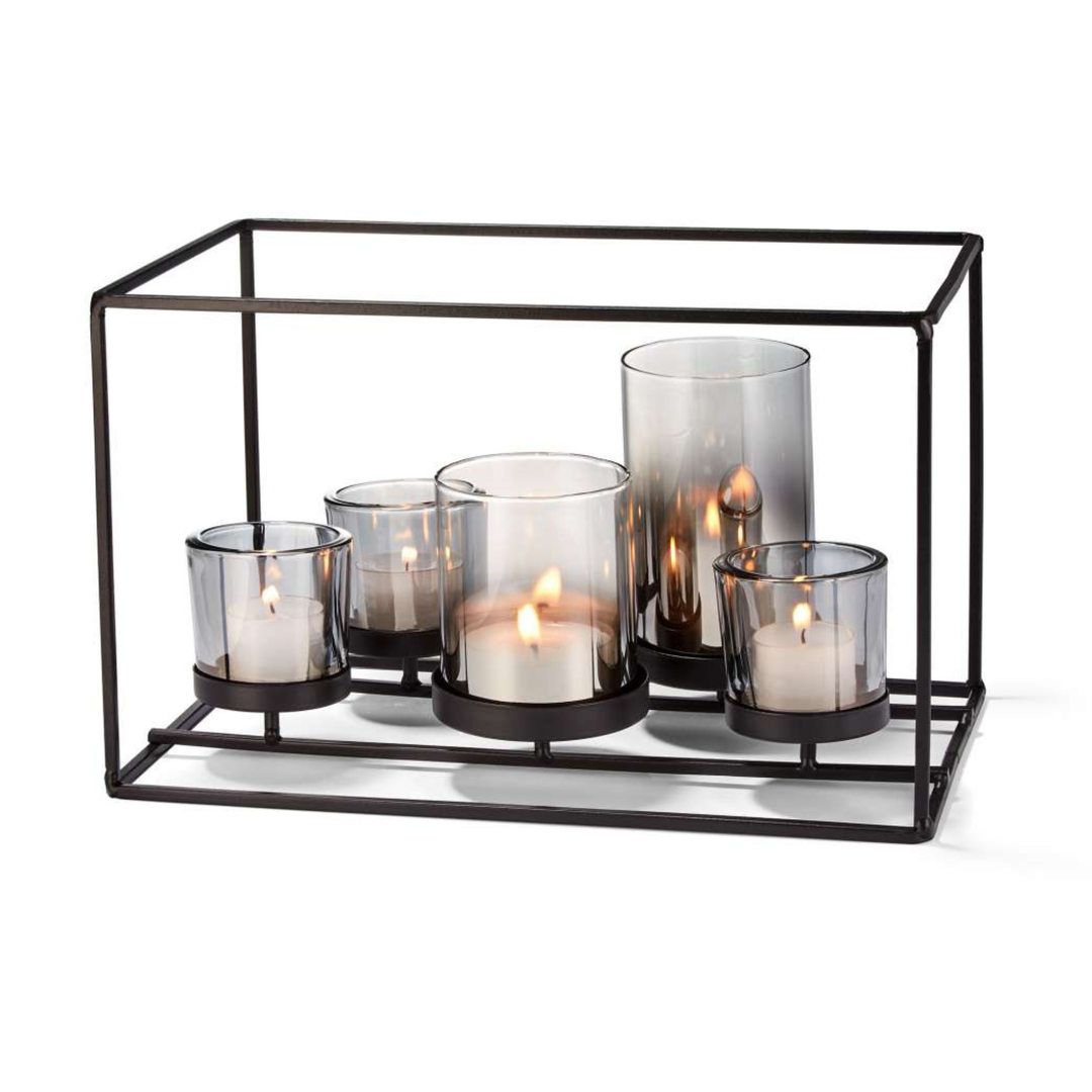 Philippi Windlicht York mit fünf Kerzen aus Rauchglas und schwarzem Stahl