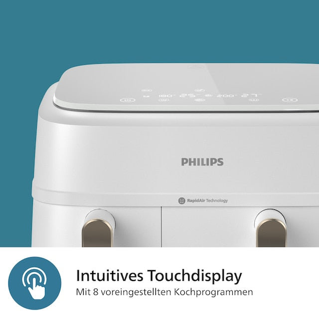 Philips Dual Basket Heissluft-Fritteuse in Weiss mit intuitivem Touchdisplay und 8 Programmen
