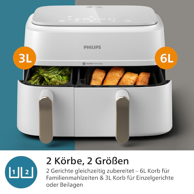 Philips Dual Basket Airfryer mit 6 Liter und 3 Liter Korb für gleichzeitiges Kochen