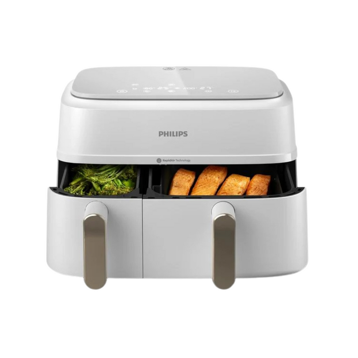 Philips Dual Basket Heissluft-Fritteuse in Champagner mit geöffneten Körben für gleichzeitiges Garen
