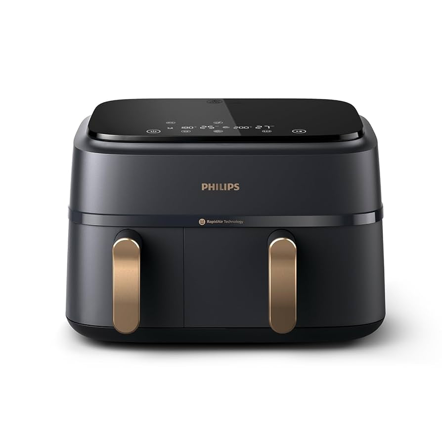 Philips Heissluft-Fritteuse 3000 Series Dual Basket in Dunkelgrau mit zwei separaten Körben und Touchdisplay