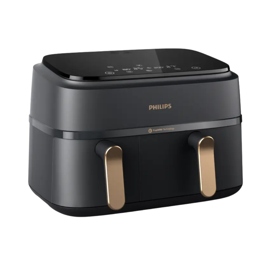 Philips Heissluft-Fritteuse 3000 Series Dual Basket in Dunkelgrau aus seitlicher Perspektive