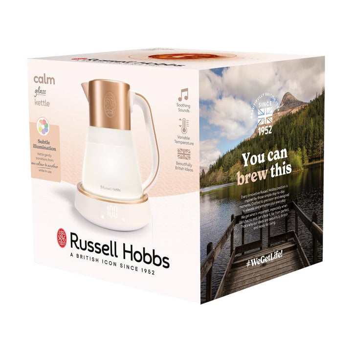 Verpackung des Russell Hobbs Calm Touch Wasserkochers mit Produktabbildung und Funktionsübersicht