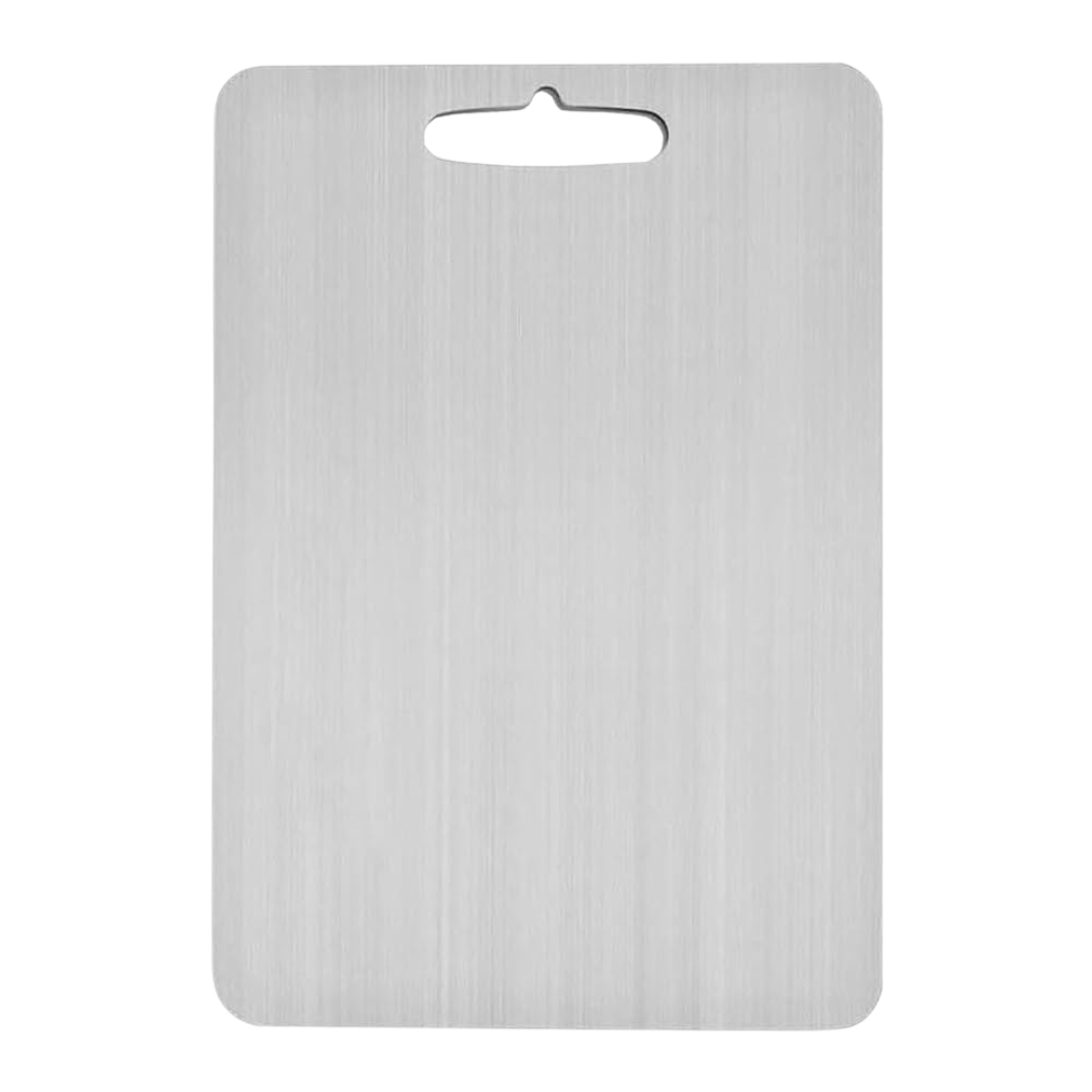 Planche à découper en inox avec poignée ajourée, vue de dessus
