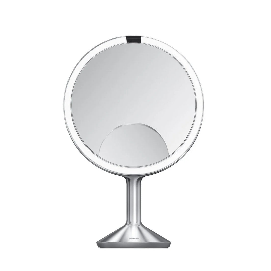 Simplehuman Sensor-Kosmetikspiegel Trio Max in Silber, Frontansicht mit Lichtring und Vergrösserungsspiegel