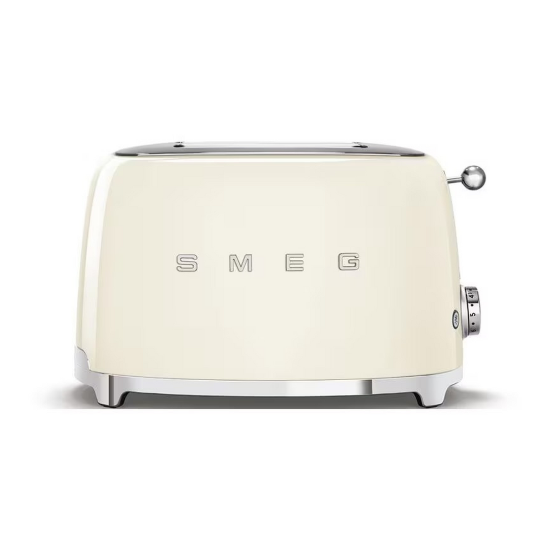 SMEG Toaster 50s Retro Style in Creme Frontansicht mit 2 Schlitzen und Edelstahl Details