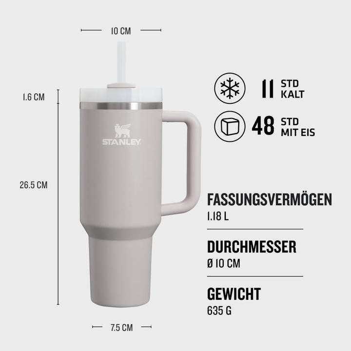 Massblatt Stanley Quencher H2.0: 26.5 cm hoch, Ø 10 cm, Fuss 7.5 cm, 635 g, 11 Stunden kalt, 48 Stunden mit Eis