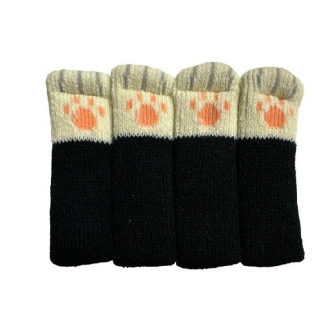 Stuhlsocken Uni 4er Set in Schwarz und Weiss mit Katzenpfoten – dekorativer Bodenschutz für Stühle