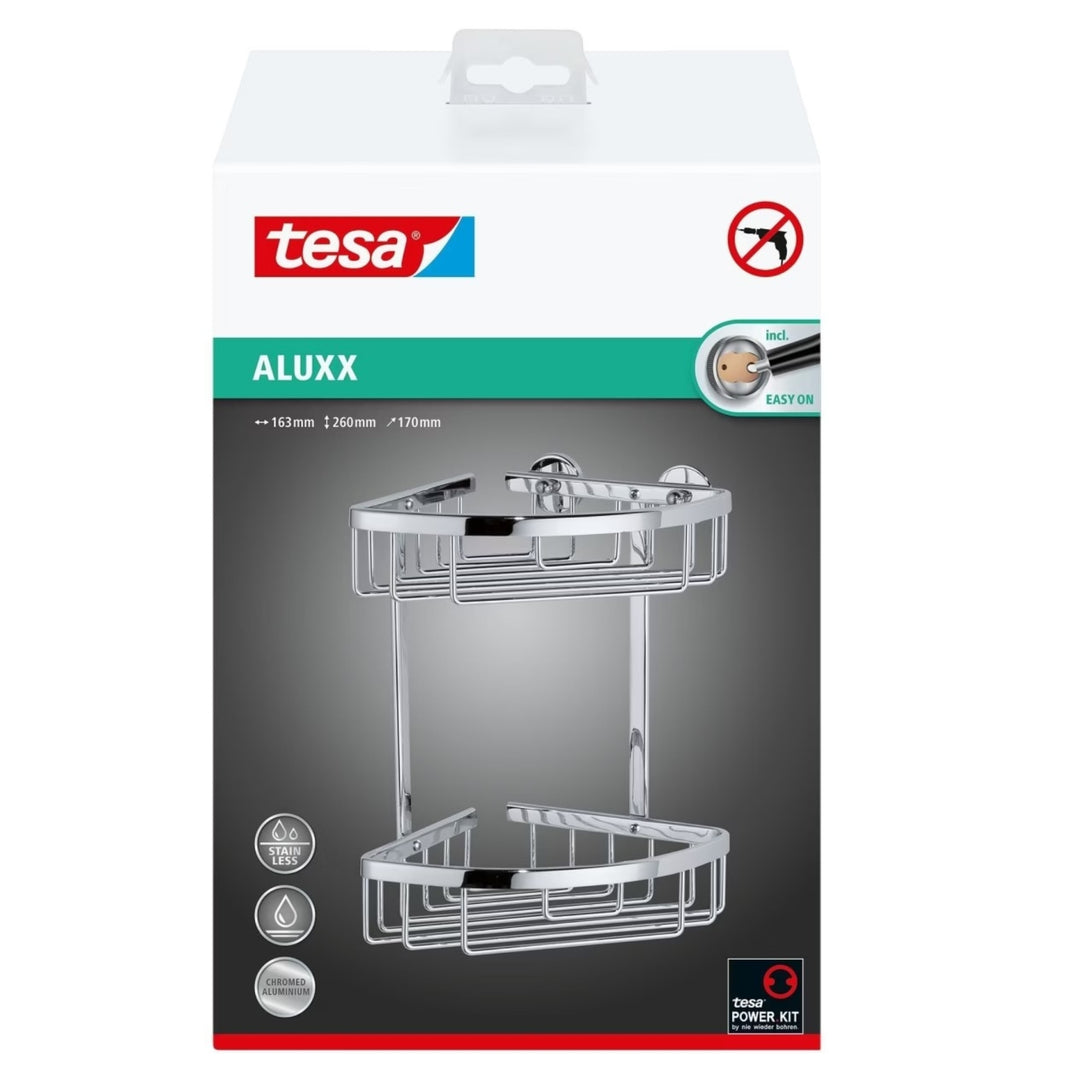 Verpackung der tesa Aluxx Eckablage zweistöckig mit Power Kit Klebelösung
