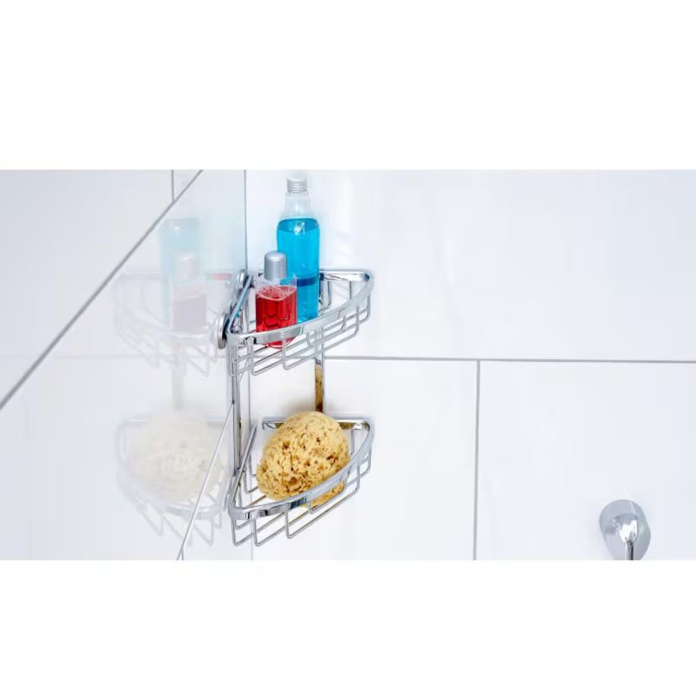 tesa Aluxx Eckablagekorb zweistöckig mit Shampoo und Schwamm in der Dusche