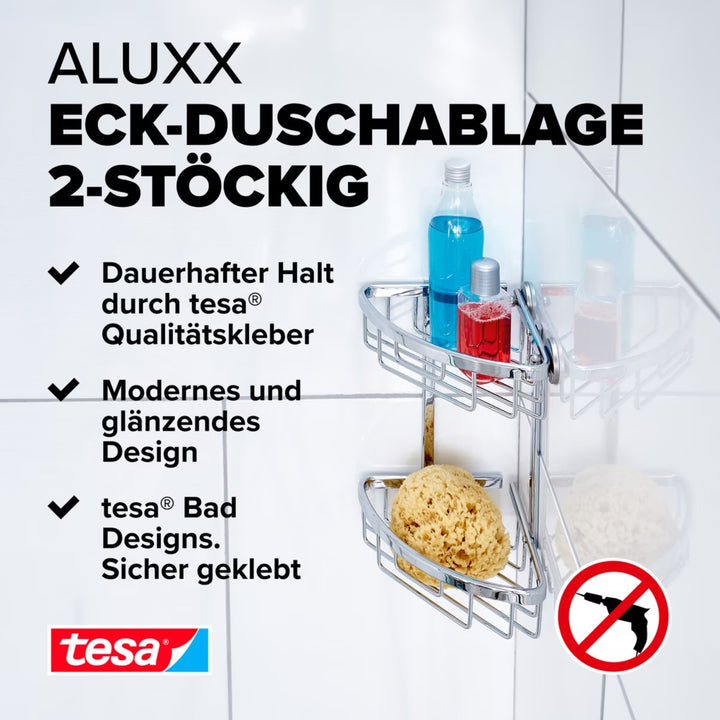 Panier d'angle à deux étages tesa Aluxx dans la douche, avec caractéristiques du produit