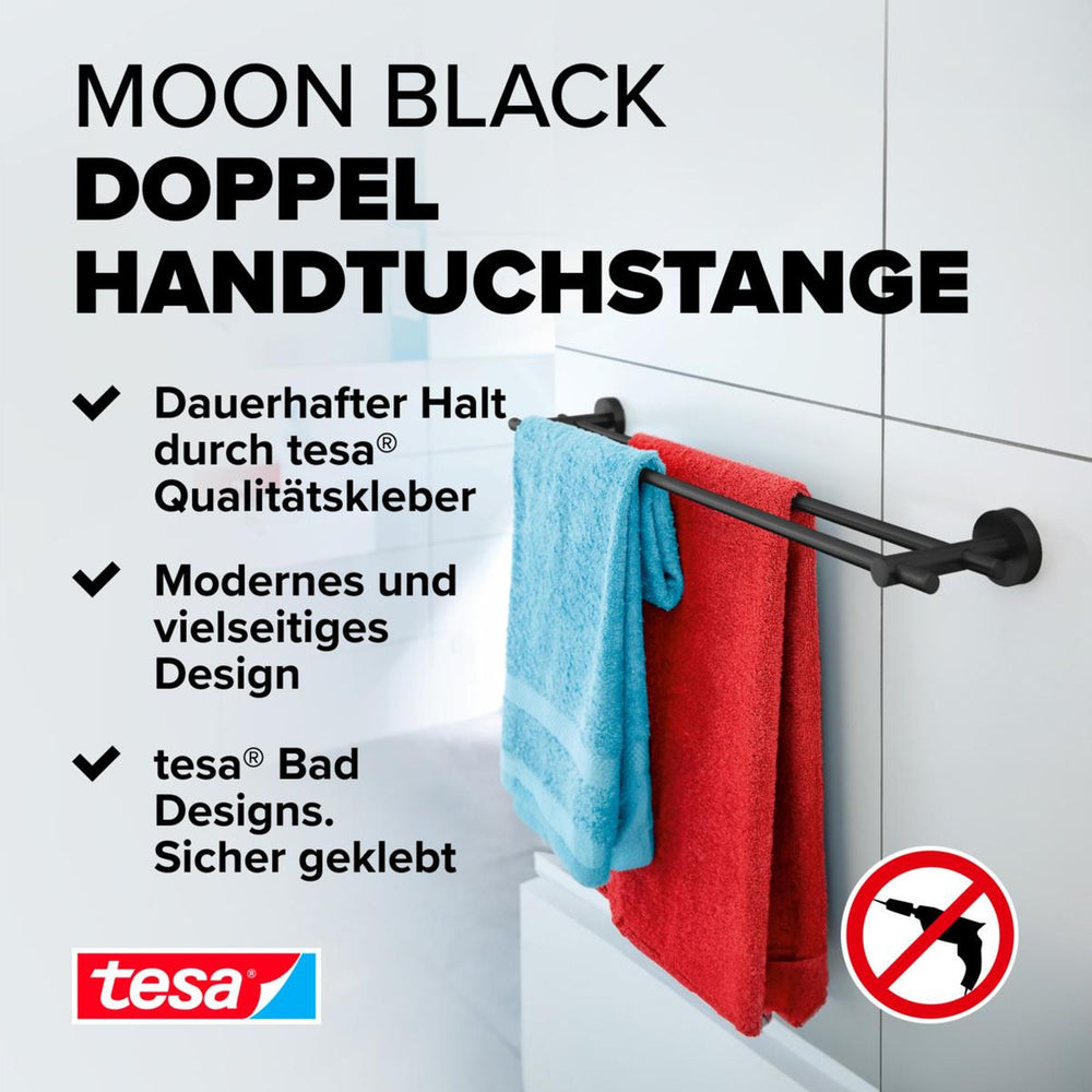 tesa MOON BLACK Doppel-Handtuchstange, mit Handtüchern an der Fliesenwand