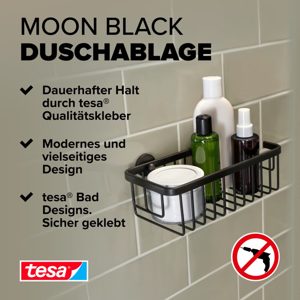 Étagère de douche tesa Moon Black sur le mur de la douche, aperçu des caractéristiques