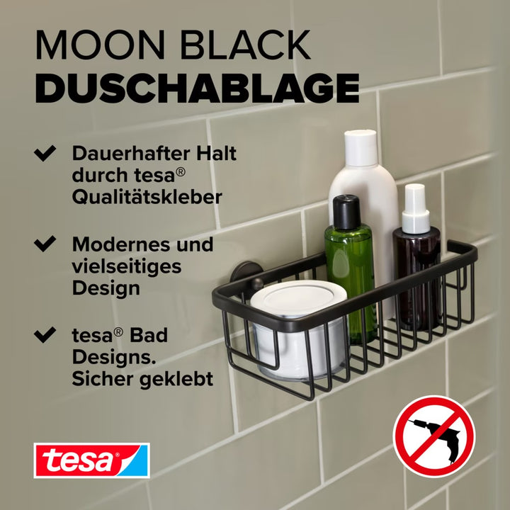 Étagère de douche tesa Moon Black sur le mur de la douche, aperçu des caractéristiques
