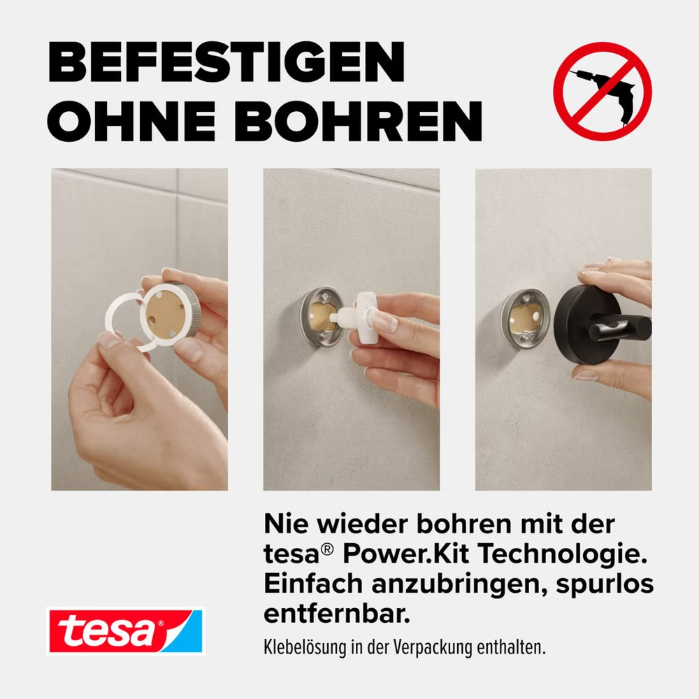 Étagère de douche tesa Moon Black, montage du support adhésif en trois étapes