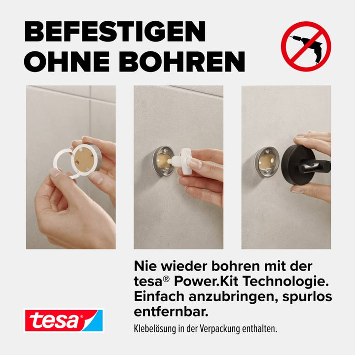 Étagère de douche tesa Moon Black, montage du support adhésif en trois étapes