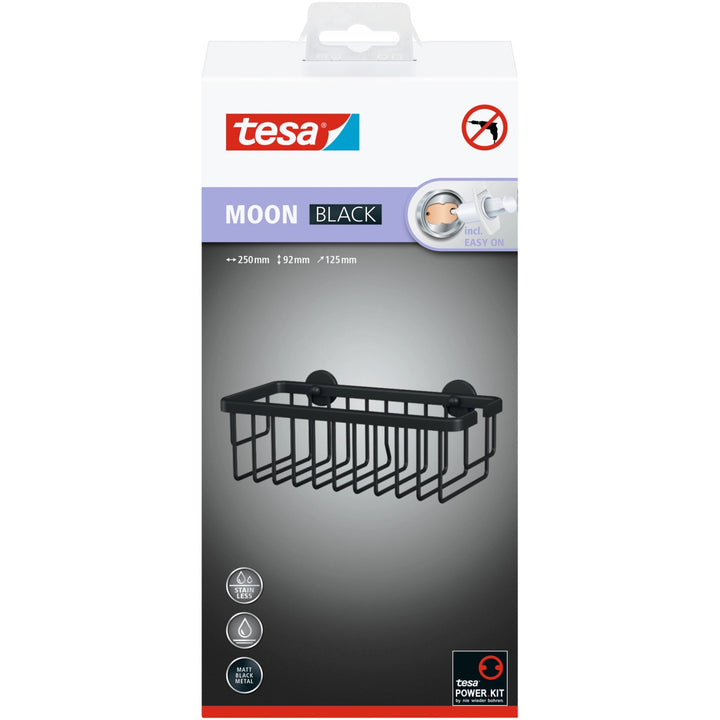 Verpackung der tesa Moon Duschablage schwarz inklusive Power.Kit Klebelösung