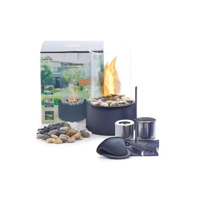 Bioethanol Tischkamin Komplettset mit Zubehör, Brennkammern und Dekosteinen