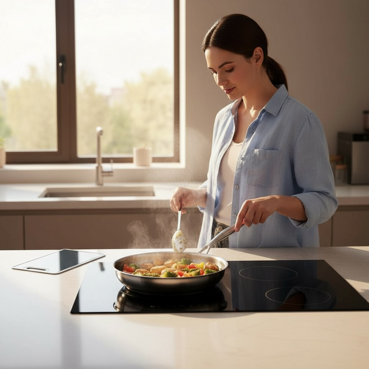 Titan Pro Duo Bratpfanne mit Titanoberfläche im Einsatz beim Kochen auf Induktionskochfeld in moderner Küche