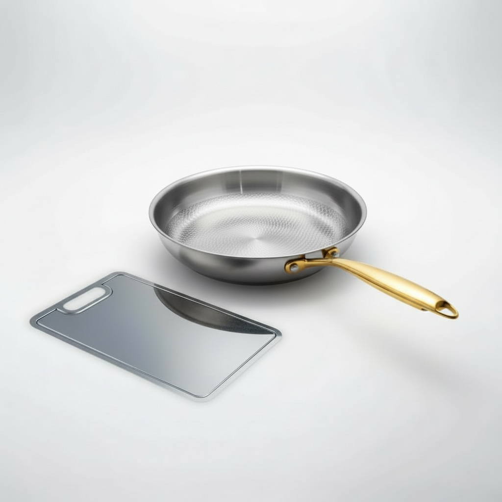 Titan Pro Duo Set mit Bratpfanne mit Titanoberfläche und hygienischem Titan Schneidebrett, goldener Griff