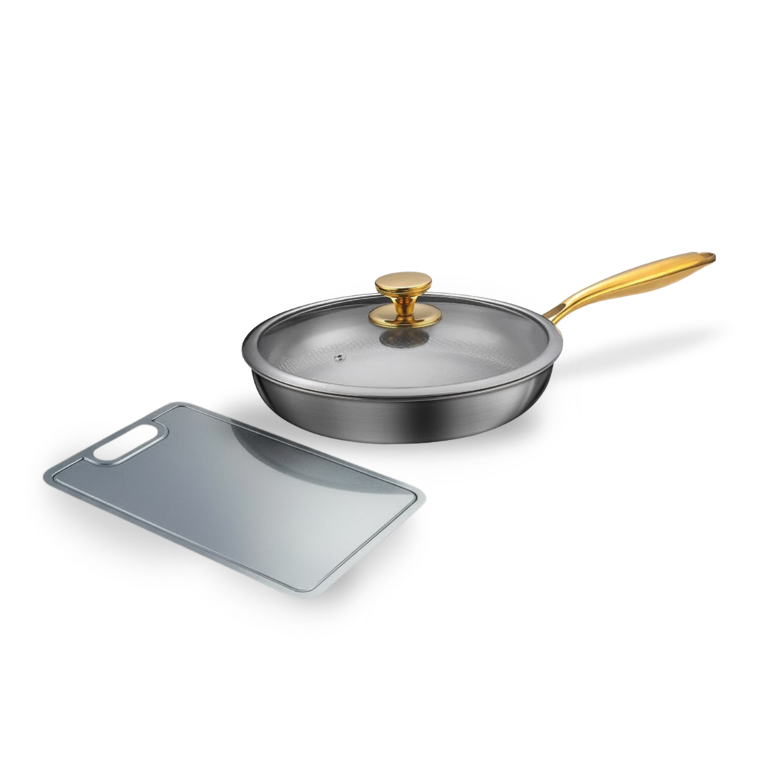Set de cuisson Titan Pro Duo, Gold Edition, poêle avec couvercle et planche à découper