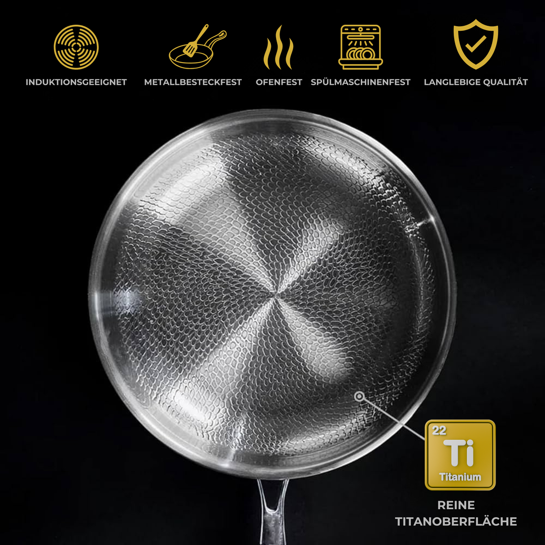 Poêle Titanium Pro, vue de dessus avec pictogrammes des caractéristiques