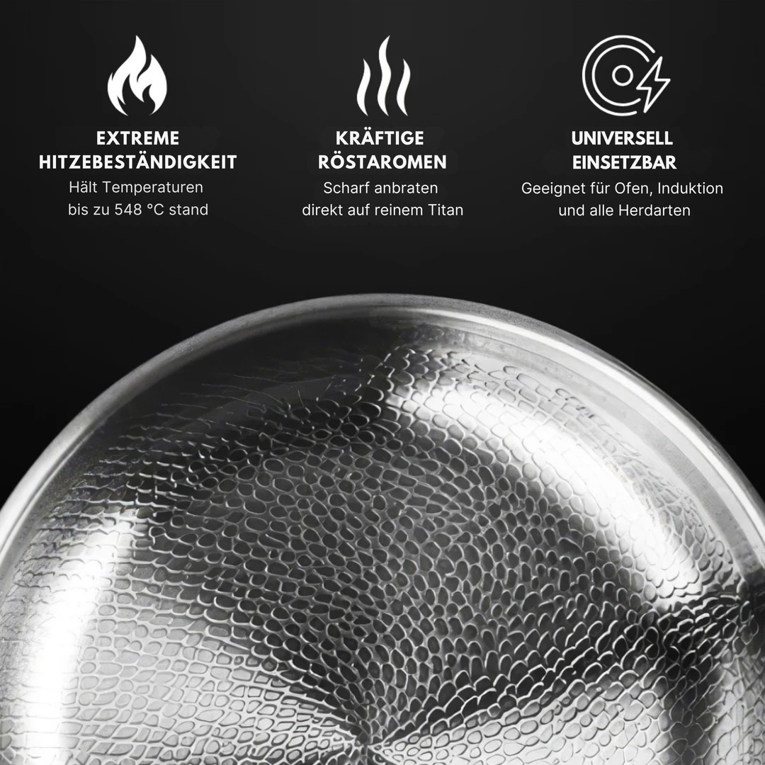 Poêle Titanium Pro, détail de l'intérieur avec pictogrammes des caractéristiques