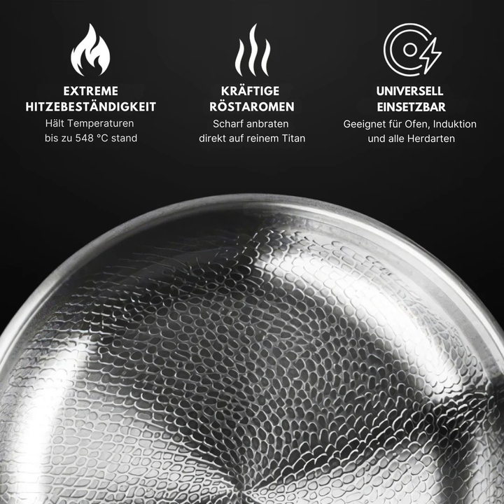 Poêle Titanium Pro, détail de l'intérieur avec pictogrammes des caractéristiques